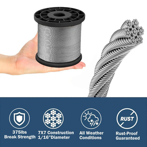 Heavy Duty Wire Rope Crimping Tool Kit With 100 Ft One Sixteenth Inch Stainless Steel Cable spool held by hand, close-up of cable strands