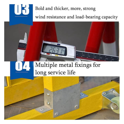 Close-up of Heavy Duty Expandable Traffic Barricade Gate With Snappy Pull Handles showing thickness measurement and metal fixings.
