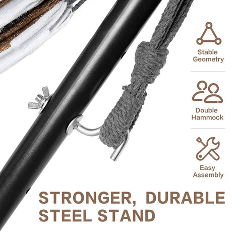 Close-up of Double Hammock With Stand For Outdoor And Indoor Use Portable Space Saving Heavy Duty Steel Frame
