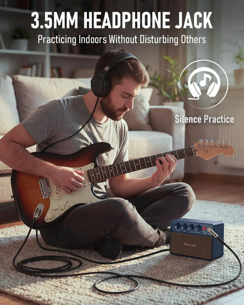Man playing electric guitar indoors using Dope 10W Mini Portable Guitar Amplifier With Clean And Drive Tones, Type-C Rechargeable Battery.