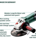 Diagram of 6-Inch Angle Grinder 10,000 RPM 12 Amp Non-Locking Paddle Switch German Engineered Beast Workhorse Power Tool features.