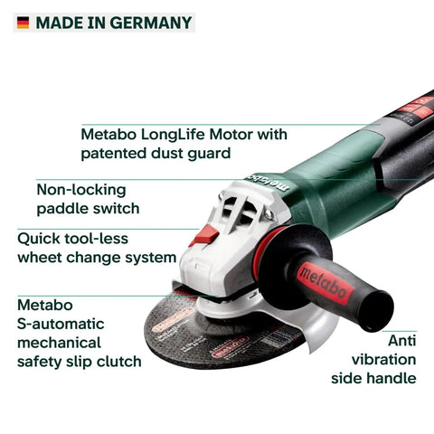 Diagram of 6-Inch Angle Grinder 10,000 RPM 12 Amp Non-Locking Paddle Switch German Engineered Beast Workhorse Power Tool features.