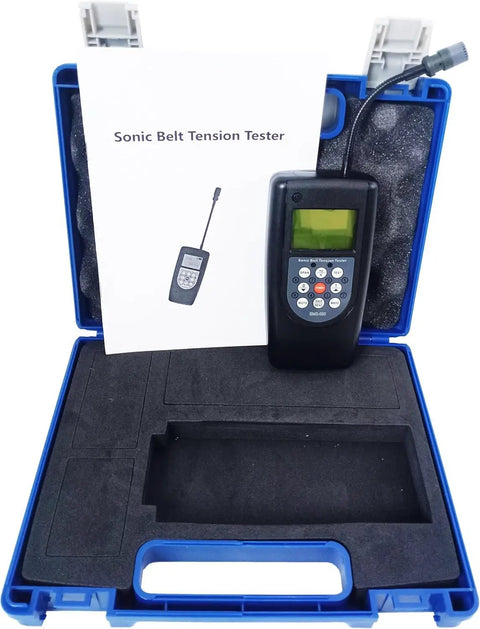 Sonic Belt Tension Meter For Transmission Belts Easy Acoustic Tension Readings And Belt Vibration Frequency Measurement From 10 Hz To 680 Hz 20 Data Storage Portable And User Friendly in blue case