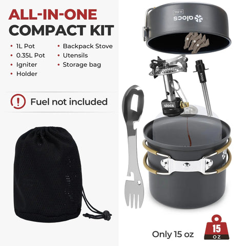 9 Piece Camping Cookware Set With Nonstick Pans And 3200W Stove Igniter Magnetic Gas Canister Stand 5 In 1 Spork Lightweight