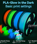 Glow In The Dark Gradient Rainbow 1.75mm PLA Filament For 3D Printing 0.25kg Small Spool displayed with glowing colors