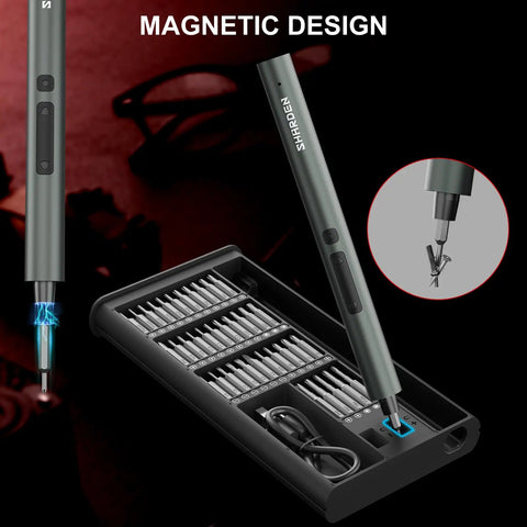 75 In 1 Mini Electric Screwdriver Set With 71 Magnetic S2 Bits USB Rechargeable showing LED lights and magnetic bit holder