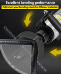 Electric Hydraulic Rebar Bender showing 0-90 degree bending range, highlighting performance for different materials.