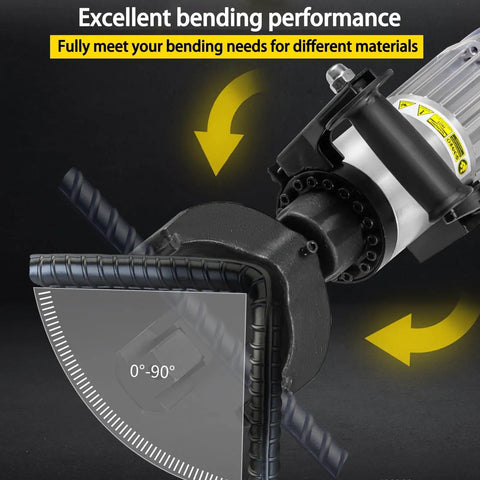 Electric Hydraulic Rebar Bender showing 0-90 degree bending range, highlighting performance for different materials.