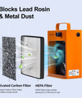 Heavy Duty HEPA Solder Fume Extractor Fan With Activated Carbon Double Filter showing activated carbon and HEPA filters for smoke extraction.