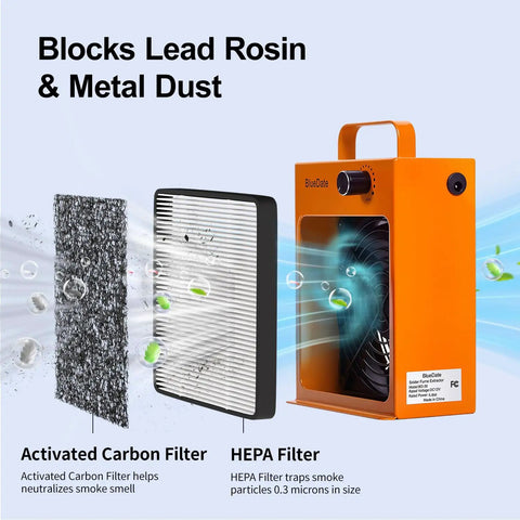 Heavy Duty HEPA Solder Fume Extractor Fan With Activated Carbon Double Filter showing activated carbon and HEPA filters for smoke extraction.