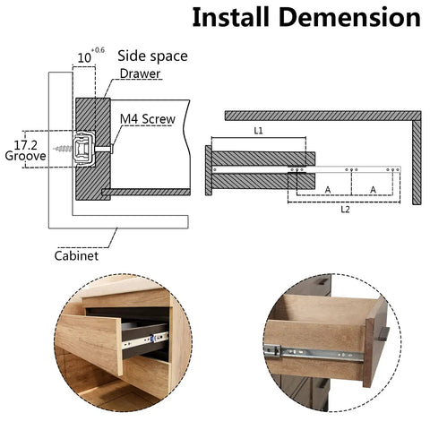Installation diagram of Heavy Duty 13.5 Inch Metal Drawer Slides With Ball Bearing Two Way Rails, showing side and front views.