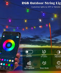Person using app to control RGB outdoor string lights at sunset, showing colorful bulbs and phone interface for customization.