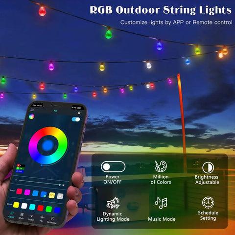 Person using app to control RGB outdoor string lights at sunset, showing colorful bulbs and phone interface for customization.
