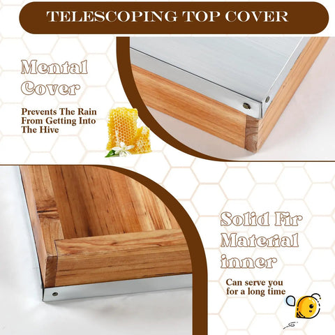 Close-up of telescoping hive covers showing metal and solid fir materials for 10 frame beehives insulation and protection.