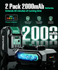 Two 20V 2.0Ah Batteries Cordless Drill Set With 350 In Lb Torque, 0 To 1350 RPM, 3 Eighth Inch Keyless Chuck, 18 Plus 2 Clutch Settings, 18 Piece Accessories, Built For Wood Brick Metal And Concrete Walls, Ready To Tear It Up, featuring two 2000mAh batteries with power indicator and protection features.