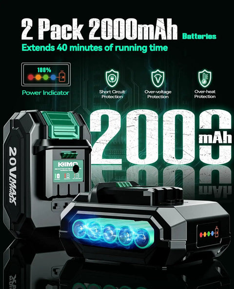 Two 20V 2.0Ah Batteries Cordless Drill Set With 350 In Lb Torque, 0 To 1350 RPM, 3 Eighth Inch Keyless Chuck, 18 Plus 2 Clutch Settings, 18 Piece Accessories, Built For Wood Brick Metal And Concrete Walls, Ready To Tear It Up, featuring two 2000mAh batteries with power indicator and protection features.