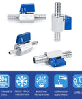 Top Notch Stainless Steel Double Barbed Ball Valve With Included Hose Clamps For Smooth Water Flow And No Sweat Install Grips PVC Vinyl Rubber Rock Solid High Pressure Performance showing 304 stainless steel valves with blue handles.