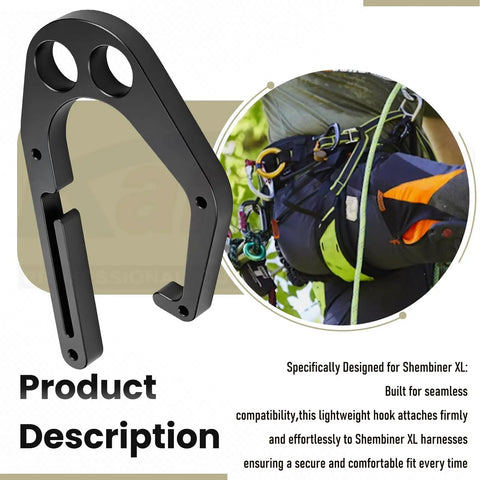Two Pack Aluminum Tree Climber Hook Set for Shembiner XL Harnesses with open frame design shown attached to a climbing harness