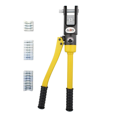 Hydraulic Crimp Tool 16 Ton With 11 Dies For Battery Cable Crimping Quick Change Die System with visible yellow handles