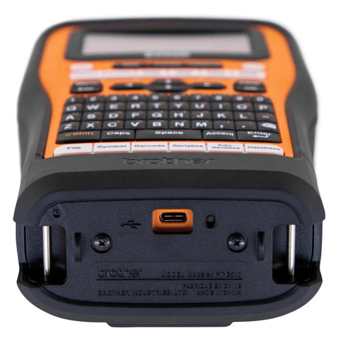 Heavy Duty Industrial Label Printer Hooks Up Smooth Via Bluetooth Features Dual Auto Cutters For Printing Crisp Laminated Tape Names Heat Shrink Cable Wraps Patch Panel Code Tabs No Cap Heavy Hitter close-up of keyboard and port.