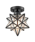 Moravian Star Flush Mount Ceiling Light In Black Iron Finish With Seeded Glass Shade for living space