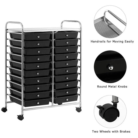 Hella Spacious 20 Drawer Rolling Storage Cart With Lockable Wheels For Office Supplies Makeup Collections Craft Projects And Garage Tools Offers Top Shelf Organization In Clean Black