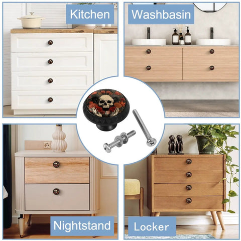 4 Pack Skeleton Flower Cabinet Knobs, 1.37 Inch Round Drawer Pulls For Kitchen Cabinets, Dressers, and Closets shown in use