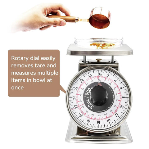 Analog 2lb Kitchen Scale With Mechanical Dial Stainless Steel Platform in use for precise weighing in cooking
