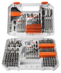 200-Piece Drill And Driver Bit Set With HSS And CR-V Bits One Fourth Inch Shank Includes Wood Metal Masonry Bits Seventy Plus Screwdriver Bits Hex Keys Magnetic Extension Transparent Storage Case For DIY Projects And Professional Use displayed in open case