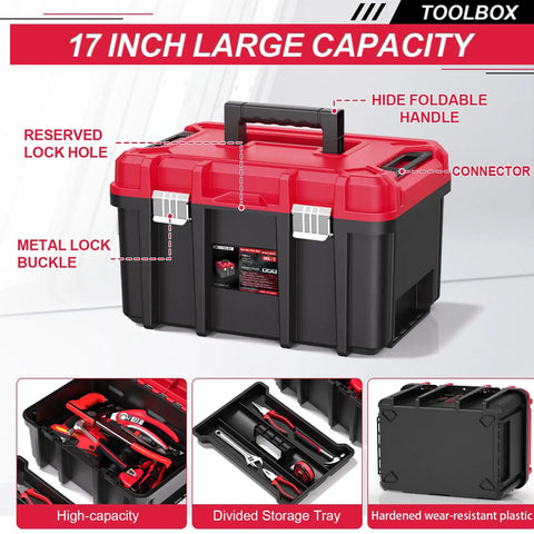 3 In 1 Rolling Tool Box On Wheels With Stackable Modular Organizer System 17 Inch Portable Waterproof Toolbox For Garage Mechanics And Home Repair Red Black Detachable Chassis Includes Small Medium And Large Tool Boxes