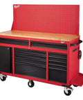 Heavy Duty Mobile Workbench With Adjustable Shelves And Durable Wood Top Roll Out Tool Storage Cart in red and black design.