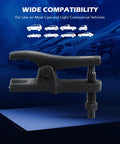 Side view of Universal Ball Joint Separator Tool For Cars And Light Trucks With Adjustable Opening, shown against compatibility chart background.