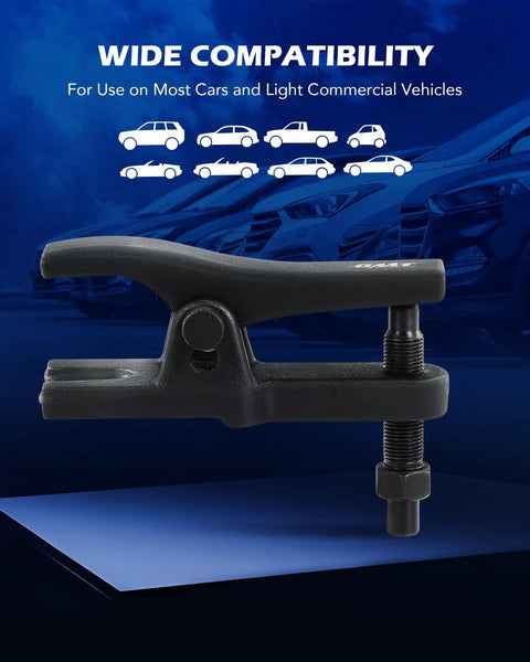 Side view of Universal Ball Joint Separator Tool For Cars And Light Trucks With Adjustable Opening, shown against compatibility chart background.