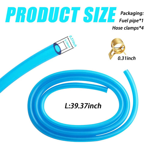 Heavy Duty Flexible Blue Motorcycle Fuel Line Hose 3.28 Feet With Kink Resistant Build And 4 Clamps For Smooth Fuel Flow Monitoring, 0.19 ID, 0.31 OD
