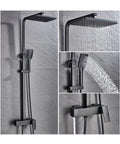 UMJIGF Shower System Set, Exposed Shower Faucet, 8 Inch black shower head with hand shower and tub spout in bathroom.