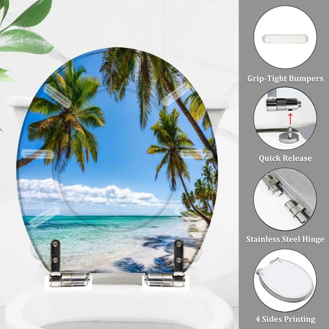Upgrade Your Bathroom Game Zero Sweat Install With This Durable Resin Toilet Seat Cover Sporting A Tropical Thatched Umbrella Motif, 14.5" x 18.5".
