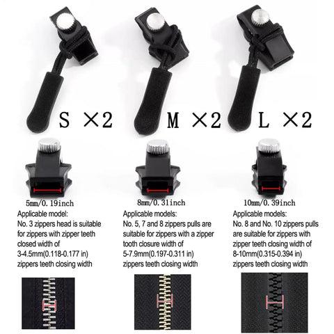 Heavy Duty Zipper Slider Replacement Kit 10 Pack Easy Zip Puller Repair For Luggage Jackets Backpacks Sleeping Bags Gear No Fuss Quick Fix Durable Sliders For Fast Restorations And Long Lasting Performance, showing three sizes of sliders.