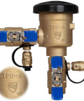 Brass 3/4 Inch Pressure Vacuum Breaker Backflow Preventer, 400 PSI Max, Pro Grade Sprinkler System Part with blue valves.