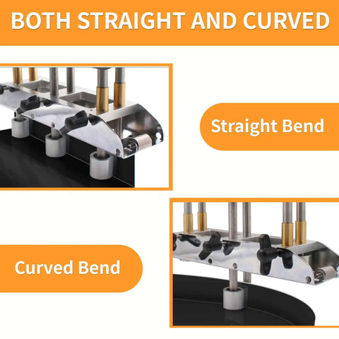 Three Station Sheet Metal Bender For 0 To 90 Degree Bends showing straight and curved roller bender tool usage details.
