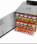 Pro-Level 10-Layer Commercial Food Dehydrator Stainless Steel Electric Drying System With Precision Thermostat showing trays of dried fruits and veggies.