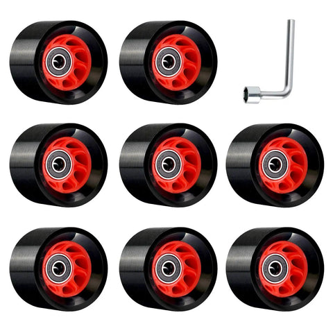 Eight Pack 58mm By 39mm 95A Indoor Quad Roller Skate Wheels For Roller Derby Speed Skating Artistic Jam Rink And Rhythm Skates With PU Wear Resistant Build Grippy Double Row ABEC 9 Bearings shown with included tool