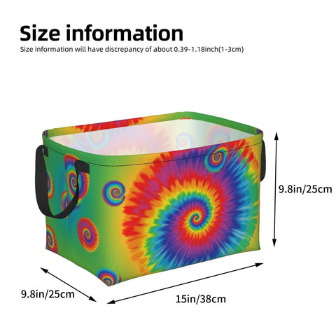 Hella Spacious Waterproof Storage Bin With Rainbow Tie Dye Design And Secure Carry Handles For Ample Clothing Sorting And Whole House Organization Projects, 15x9 in size.