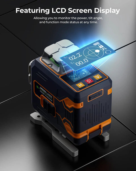 4x360 Green Laser Level With Remote And App Control featuring LCD display on a black background