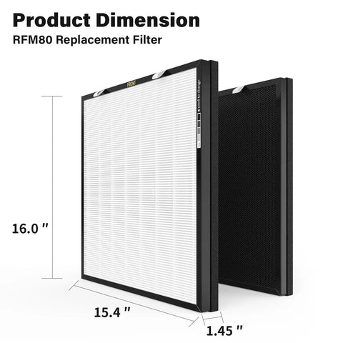 RFM80 Replacement Filter Set for Max Air Purifier OVHM80 dimensions 16x15.4x1.45 inches, front and side view