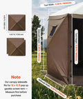 Side view of 12x12 pop up gazebo with solid brown panels, dimensions labeled, fits Clam Escape and COBIZI, outdoor setup.