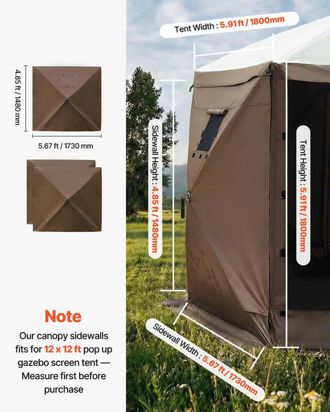 Side view of 12x12 pop up gazebo with solid brown panels, dimensions labeled, fits Clam Escape and COBIZI, outdoor setup.