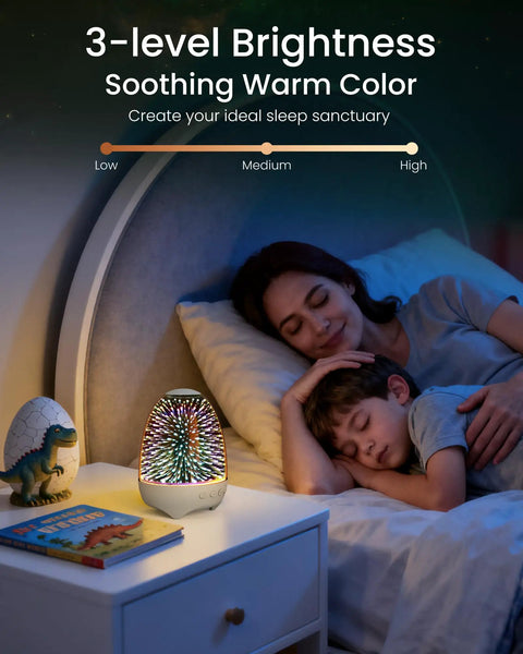 Night Light Bluetooth Speaker With 3D Glass Fireworks Lamp on bedside, family sleeping nearby, warm colors, perfect bedroom ambiance.