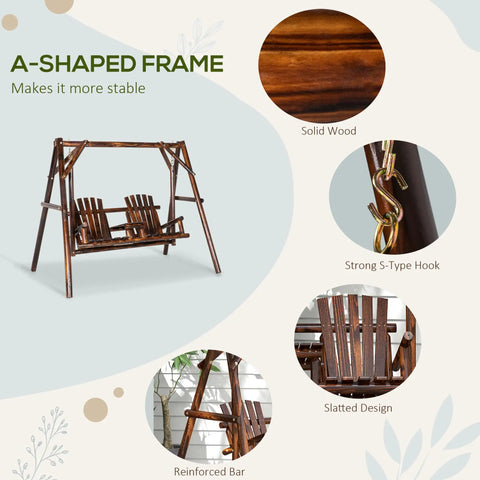 Wooden Porch Swing With Stand Two Seat Patio Swing Chair With Center Table For Garden Poolside Backyard Outdoor Adirondack Rustic Fir Log Design With Carbonized Finish displaying slatted design and A-frame.