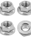 Solid 4PC M12 X 1.25Mm Class 8 Flange Lock Nuts With Built In Washer Base displayed from multiple angles, showcasing silver finish and threaded interior.