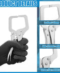 Six Inch Locking C Clamp Set, 6 Pack, Adjustable Alloy Steel C Clamps with Regular Tips, shown in hand and parts detail
